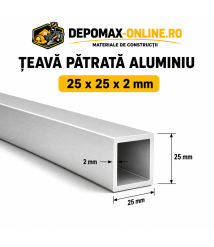 Teava patrata aluminiu 25 x 25 x 2 mm, 6 metri (EN AW-6060)
